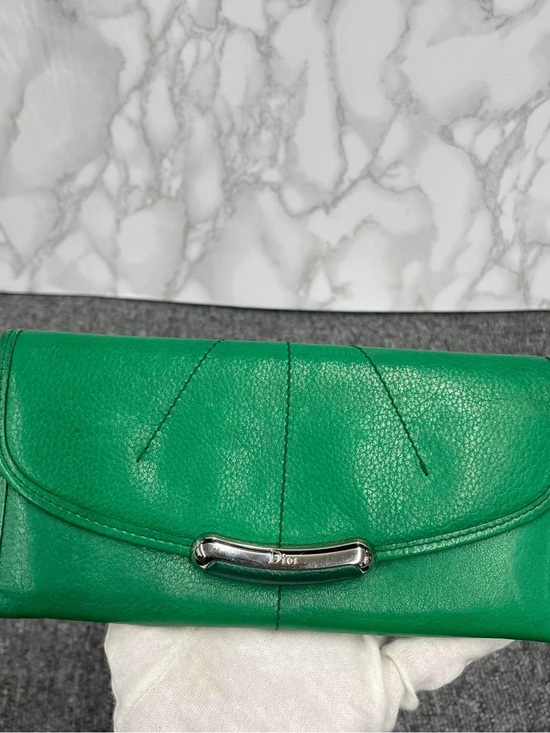 Dior Handbags - Dior Emerald Green Leather Wallet with Silver-Tone Bar
